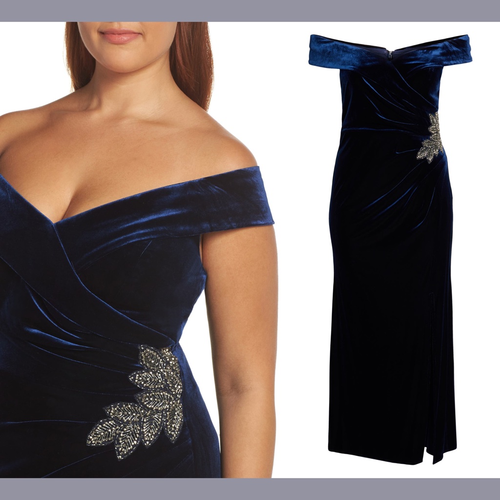 New Alex Evenings [ 18 Regular ] Off Shoulder Velvet Gown In Blue — image 2 of 8